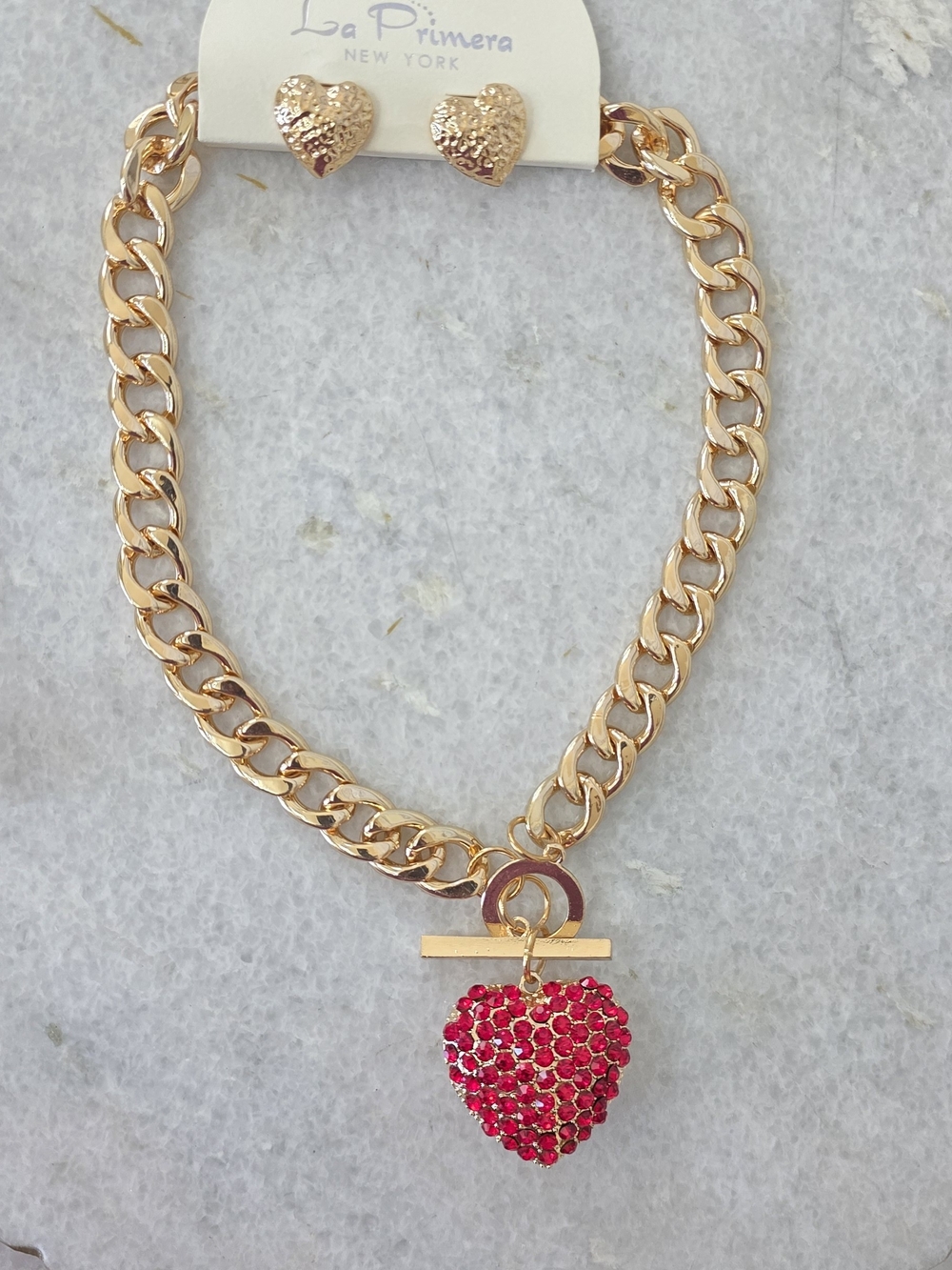 La Primera New York Gold Chunky Chain Necklace Rhinestone Heart Pendant Earrings